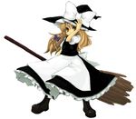  apron blonde_hair braid broom brown_eyes hat holding kirisame_marisa kou_(garakuta_teikoku) long_hair looking_at_viewer looking_back puffy_short_sleeves puffy_sleeves short_sleeves simple_background single_braid solo standing touhou waist_apron white_background witch_hat 