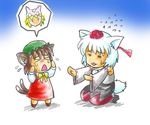  &gt;_&lt; :3 =_= animal_ears bit_(kksbit) brown_hair cat_ears cat_tail chen closed_eyes comforting geta hat inubashiri_momiji multiple_girls multiple_tails open_mouth sandals simple_background spoken_character tail tears tengu-geta tokin_hat touhou triangle_mouth white_hair wolf_ears wolf_tail yakumo_ran 