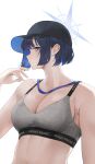  1girl alternate_hairstyle baseball_cap blue_archive blue_hair blush bra breasts cleavage collarbone colored_inner_hair dark_blue_hair fte_(fifteen_199) grey_bra halo hat highres large_breasts linea_alba looking_at_viewer multicolored_hair saori_(blue_archive) short_hair sideways_glance simple_background solo two-tone_hair underwear upper_body white_background 