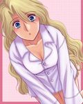  blonde_hair blue_eyes breasts cleavage final_fantasy final_fantasy_iv kneeling large_breasts long_hair looking_at_viewer open_mouth pajamas rosa_farrell solo soranokaze15 