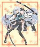  1girl absurdres artist_name autumn_leaves blue_eyes bow breasts clothing_cutout coat double-parted_bangs eiyuu_densetsu floating_hair full_body hair_between_eyes hair_bow half_updo highres holding holding_sheath holding_sword holding_weapon katana kuro_no_kiseki leaf long_hair looking_at_viewer maple_leaf medium_breasts open_clothes open_coat pommel_tassel sakamata_kiseki sheath shizuna_rem_misurugi signature smile solo sword tabi tassel thigh_cutout thighhighs weapon white_hair 