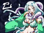  1girl alternate_color bikini breasts cleavage commentary_request detached_sleeves facial_tattoo flowery_peko green_sleeves grey_background gypsy_(ragnarok_online) large_breasts long_hair looking_at_viewer navel open_mouth parted_bangs ragnarok_online red_eyes scales smile snake snake_hair snake_tattoo solo strapless strapless_bikini swimsuit tattoo tongue tongue_out uneven_eyes upper_body white_bikini white_hair white_snake 
