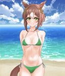 1girl animal_ears arms_behind_back bikini blush breasts closed_mouth clover_hair_ornament commentary_request fine_motion_(umamusume) green_eyes hair_between_eyes hair_ornament highres horse_ears horse_girl horse_tail looking_at_viewer medium_breasts multicolored_hair short_hair side-tie_bikini_bottom smile solo streaked_hair swimsuit tail thigh_gap tsumu618 umamusume white_hair 