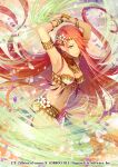  1girl armlet armpits bracelet breasts copyright_notice flower hair_flower hair_ornament jewelry long_hair looking_at_viewer navel official_art one_eye_covered petals pointy_ears purple_eyes red_hair ronce solo z/x 