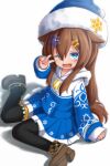  1girl ;d absurdres animal_ears black_pantyhose blue_eyes blue_headwear blue_hoodie bone_hair_ornament boots brown_footwear brown_hair dog_ears dog_girl dog_tail fuusuojisan hair_ornament hat highres hood hood_down hoodie long_hair long_hoodie long_sleeves looking_at_viewer one_eye_closed open_mouth pantyhose santa_hat sitting smile tail v vrchat 