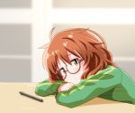  1girl ahoge araki_hina blurry blurry_background blush breasts brown_eyes brown_hair closed_mouth dot_nose elbows_on_table from_side glasses green_jacket grey-framed_eyewear hige_(com) idolmaster idolmaster_cinderella_girls idolmaster_cinderella_girls_starlight_stage jacket leaning_forward long_sleeves looking_at_viewer medium_breasts messy_hair pen semi-rimless_eyewear short_hair smile solo table track_jacket under-rim_eyewear 