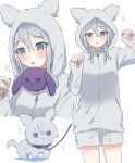  1girl :o ? alternate_costume animalization blue_collar blue_eyes blush collar dog grey_hair hair_between_eyes highres hood hoodie leash looking_at_viewer multiple_girls parted_lips project_sekai seijyohu simple_background white_background white_hoodie yoisaki_kanade 