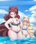  2girls animal_ears belly bikini bikini_day fox_girl futatsuiwa_mamizou highres littlecloudie multiple_girls navel one_eye_closed partially_submerged plump raccoon_ears raccoon_girl raccoon_tail swimsuit tail tanuki touhou yakumo_ran 