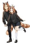  1boy 1girl alternate_costume animal_costume animal_ears fake_animal_ears fake_tail fukube_satoshi highres hyouka ibara_mayaka long_sleeves mery_(yangmalgage) open_mouth raccoon_tail short_hair smile tail tanuki_costume tanuki_suit v 