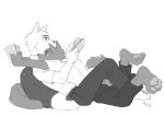 2019 anthro bean_bag book bottomwear canid canine canis claws clothed clothing digital_media_(artwork) duo fur grey_body grey_fur hi_res holding_object kunit681712 lying_on_another male male/male mammal monochrome pants pawpads reading shirt signature simple_background tail toe_claws topwear tucked_shirt white_body white_fur wolf