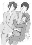  2boys abubu greyscale hug koizumi_itsuki kyon monochrome multiple_boys nagato_yuki pajamas sleeping suzumiya_haruhi_no_yuuutsu 