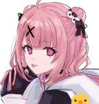  1girl aoki_shizumi black_bow bow double_bun emoji fang grey_background hair_bow hair_bun hair_ornament half_updo hood hood_down hoodie looking_at_viewer mole mole_under_eye nijisanji panda_hair_ornament pink_eyes pink_hair sasaki_saku skin_fang solo tongue tongue_out virtual_youtuber white_hoodie 