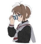  1girl blue-framed_eyewear brown_hair cardcaptor_sakura child glasses highres kinomoto_sakura nnn-ollll removing_eyewear sailor_collar school_uniform short_hair simple_background solo tomoeda_elementary_school_uniform white_background white_sailor_collar 