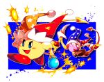  beam_kirby blue_background blue_eyes blue_headwear blush_stickers boots border bow bowtie brown_footwear claws closed_mouth colored_skin commentary_request copy_ability frown fur-trimmed_headwear fur_trim hat heart holding holding_wand jester_cap kirby kirby_(series) looking_at_another magic marx_(kirby) no_humans open_mouth orange_headwear petals polka_dot_headwear pom_pom_(clothes) purple_eyes purple_skin red_bow red_bowtie red_footwear red_headwear shadow shirushiki shoes smile star_(symbol) star_print sweatdrop traditional_bowtie triangle_print two-tone_background two-tone_headwear v-shaped_eyebrows wand white_background white_border yellow_skin yellow_wings 