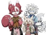  1boy 2girls :d ahoge bags_under_eyes belafu blonde_hair blue_eyes blue_scarf body_fur brown_capelet capelet chinese_commentary claws closed_eyes commentary_request cowboy_shot daisy double_v facing_viewer fangs flower furrification furry furry_female hair_flower hair_ornament hands_up highres holding holding_flower irumyuui low_twintails made_in_abyss medium_hair messy_hair multicolored_hair multiple_girls navel nervous_smile open_mouth red_fur red_hair scarf sharp_teeth short_hair simple_background smile squirrel_girl squirrel_tail standing sweat tail teeth twintails two-tone_hair v vueko whiskers white_background white_fur white_hair wide-eyed xiaopizi32439 yellow_eyes 