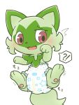 ambiguous_gender blush diaper embarrassed exclamation_point feral generation_9_pokemon hi_res lying nintendo on_back pawpads paws pokemon pokemon_(species) question_mark rokesys solo sprigatito