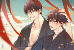  2496oyakodon 2boys age_difference bare_pectorals black_hair black_kimono blush confetti eye_contact father_and_son fushiguro_megumi fushiguro_touji green_eyes grin hand_on_another&#039;s_head hand_under_clothes highres japanese_clothes jujutsu_kaisen kimono looking_at_another male_focus mature_male multiple_boys open_mouth pectorals scar scar_on_face scar_on_mouth short_hair size_difference smile streamers toned toned_male upper_body yukata 