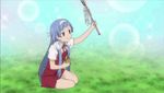  animated animated_gif bangs blue_hair blunt_bangs hairband kannagi long_hair lowres nagi school_uniform solo wand 