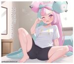  1girl arm_support barefoot bike_shorts blush border bow-shaped_hair cameltoe character_hair_ornament commentary fanbox_username gazing_eye green_hair hair_ornament hand_up highres indoors iono_(pokemon) knees long_hair multicolored_hair on_bed one_eye_closed open_mouth pink_hair pokemon pokemon_sv sharp_teeth shirt short_sleeves sitting sleepy solo spread_legs sweat t-shirt teeth toes translation_request two-tone_hair watermark web_address white_border white_shirt 