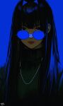  1girl absurdres alternate_costume black_eyes black_hair black_sweater blue-tinted_eyewear blue_background blue_hair blue_pupils hair_intakes highres hololive hololive_english jewelry long_hair looking_at_viewer multicolored_hair necklace ouro_kronii round_eyewear simple_background solo steb sunglasses sweater tinted_eyewear turtleneck turtleneck_sweater two-tone_hair virtual_youtuber 