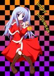  blue_eyes blue_hair boots checkered checkered_background dress gorujitai gradient gradient_background hair_bobbles hair_ornament halloween happy_halloween jack-o'-lantern long_hair orange_background pumpkin purple_background red_dress shinki side_ponytail smile solo touhou 