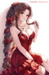  1girl aerith_gainsborough bare_arms bare_shoulders breasts brown_hair cleavage commentary_request dress final_fantasy final_fantasy_vii forehead green_eyes large_breasts long_hair looking_at_viewer parted_lips ponytail red_dress sebu_illust sitting solo strapless strapless_dress very_long_hair 