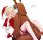  @_@ animal_costume bare_legs black_hair blonde_hair blush brown_hood deer_hood dress genshin_impact gloves green_hair hat highres hood hood_up jk_4140 lumine_(genshin_impact) multicolored_hair open_mouth red_dress red_gloves red_headwear reindeer_costume santa_dress santa_hat xiao_(genshin_impact) yellow_eyes 