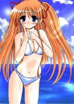  beach bikini blue_eyes day kanon long_hair orange_hair outdoors sawatari_makoto solo sugina_fujitaka swimsuit twintails 