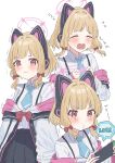  1girl :t animal_ear_headphones animal_ears black_skirt blonde_hair blue_archive blue_necktie blush bow cat_ear_headphones collared_shirt crying english_text fake_animal_ears hair_bow handheld_game_console headphones highres holding holding_handheld_game_console jacket jacket_partially_removed looking_at_viewer momoi_(blue_archive) multiple_views necktie open_mouth red_bow red_eyes seijyohu shirt shirt_tucked_in short_hair short_necktie simple_background skirt suspenders trembling white_background white_shirt 