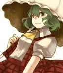  ascot bad_id bad_pixiv_id clea dress_shirt face green_eyes green_hair kazami_yuuka plaid plaid_skirt plaid_vest shirt short_hair skirt skirt_set smile solo touhou upper_body vest white_background 