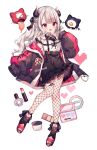  1girl ana_(rznuscrf) black_horns black_jacket black_skirt bottle cosmetics earrings fishnet_pantyhose fishnets full_body horns jacket jewelry lipstick_tube long_hair multicolored_hair naraka_(3rd_costume)_(nijisanji) naraka_(nijisanji) nijisanji open_clothes open_jacket open_mouth pantyhose perfume_bottle pink_hair pointy_ears red_eyes skirt solo streaked_hair white_hair 