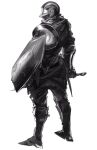  1boy armor chosen_undead dark_souls_(series) dark_souls_i full_armor full_body helmet highres holding holding_shield holding_sword holding_weapon knight looking_to_the_side original shield solo suiso_(owp) sword weapon white_background 