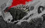  black_sclera blood blood_from_mouth city colored_sclera destruction from_side giant giant_monster godzilla godzilla_(series) kaijuu monster no_humans partially_colored red_eyes ruins scales sharp_teeth smoke solo sound_effects spaghettibastard spikes spines tail teeth 