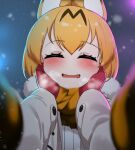  1girl alternate_costume animal_ears blonde_hair blush cat_ears cat_tail chis_(js60216) closed_eyes coat extra_ears fang fur_collar gloves hair_between_eyes kemono_friends meme open_clothes open_coat pov_cheek_warming_(meme) red_gloves scarf serval_(kemono_friends) shirt short_hair sidelocks snow snowing tail white_coat white_fur white_shirt winter_clothes winter_coat yellow_gloves yellow_scarf 