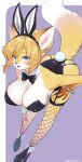 anthro big_breasts blonde_hair bow_tie breasts bunny_costume butt canid canine cleavage clothed clothing costume dipstick_tail fake_ears fake_rabbit_ears fake_rabbit_tail fake_tail female fishnet_thigh_highs fluffy fluffy_tail fox garter_straps hair hi_res kiichi leotard lingerie mammal markings nipple_outline playboy_bunny shirt_collar shirt_cuffs solo tail tail_markings whiskers
