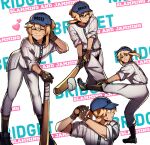  1boy absurdres alternate_costume aqua_eyes baseball_bat baseball_cap baseball_mitt baseball_uniform black_gloves blonde_hair blue_headwear blush bridget_(guilty_gear) gloves guilty_gear guilty_gear_strive hat highres holding holding_baseball_bat long_sleeves looking_at_viewer male_focus medium_hair molina multiple_views otoko_no_ko ponytail smile sportswear 