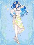  1girl aoi_fujimiya bead_anklet blue_background blue_eyes blush dairoku_ryouhei detached_sleeves earrings floral_print flower full_body hair_flower hair_ornament hand_on_own_head hand_up high_heels highres jewelry long_hair looking_at_viewer navel necklace red_nails sandals shichimi smile solo standing toeless_legwear very_long_hair water_drop white_footwear 