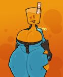 aliasing anthro artist_name beverage big_breasts black_clothing black_gloves black_handwear blue_jumpsuit breasts cleavage clothed clothing eyelashes featureless_breasts female food food_creature food_humanoid gloves handwear happy huge_breasts huge_thighs humanoid not_furry open_mouth orange_background orange_body orange_juice portrait probablydemo simple_background slightly_chubby solo standing straw thick_thighs three-quarter_portrait three-quarter_view torn_jumpsuit watermark wide_hips zipper zipper_jumpsuit