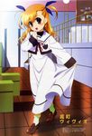  blonde_hair blush building bulletin_board character_name dress duplicate emblem hair_ribbon indoors long_hair long_sleeves looking_at_viewer lyrical_nanoha mahou_shoujo_lyrical_nanoha official_art ribbon room school_uniform seishou_elementary_school_uniform solo tareme two_side_up uniform vivio white_dress 