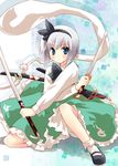  :&lt; black_hairband blue_eyes blush bob_cut bobby_socks dual_wielding eretto fighting_stance frown hairband hitodama holding konpaku_youmu konpaku_youmu_(ghost) mary_janes shoes short_hair silver_hair socks solo squatting sword touhou weapon x_arms 