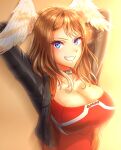  1girl arms_behind_head black_jacket blue_eyes breast_tattoo breasts brown_hair choker cleavage collarbone eunie_(xenoblade) glowing_lines gradient_background head_wings highres jacket large_breasts large_pectorals leather leather_jacket looking_at_viewer medium_hair open_clothes open_jacket pectorals red_shirt shirt smile solo tattoo to_(tototo_tk) upper_body white_wings wings xenoblade_chronicles_(series) xenoblade_chronicles_3 