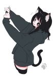  1girl ahoge animal_ears black_eyes black_hair black_hoodie blush cat cat_ears cat_girl cat_tail commentary_request cowboy_shot eyelashes highres hood hoodie leaning_back long_hair megateru messy_hair notice_lines original outstretched_arms oversized_clothes simple_background sleeves_past_wrists solo tail tareme thighhighs white_background zettai_ryouiki 