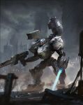  armored_core armored_core_6 cloud cloudy_sky energy_sword full_body glowing glowing_eye grey_sky gun highres holding holding_gun holding_weapon mecha mecha_focus miso_katsu missile_pod no_humans outdoors red_eyes rifle robot science_fiction sky standing sword weapon 
