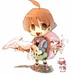  :d ahoge androgynous artist_request backpack bag black_eyes brown_hair fish open_mouth short_hair simple_background skirt smile solo squid umihara_kawase umihara_kawase_(character) 