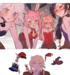  5girls animal_ears antlers black_hair blonde_hair blue_hair blush breasts charlotte_(genshin_impact) cleavage closed_mouth cup dress fake_tail furina_(genshin_impact) genshin_impact hat heart holding holding_cup leotard long_hair lumine_(genshin_impact) mona_(genshin_impact) monocle multiple_girls nose_blush open_mouth pantyhose pink_hair playboy_bunny rabbit_ears sbs sitting sweat tail twintails unworn_hat unworn_headwear white_hair yanfei_(genshin_impact) 