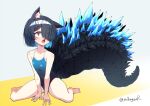  1girl animal_ear_fluff animal_ears artist_name between_legs black_hair blue_hair blue_one-piece_swimsuit blue_sclera cat_ears colored_inner_hair colored_sclera fang full_body grey_background hair_over_one_eye hand_between_legs highres large_tail looking_at_viewer mikagura multicolored_hair one-piece_swimsuit open_mouth orange_eyes original short_hair simple_background sitting solo spines swimsuit tail twitter_username wariza yellow_background 