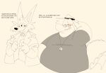 2023 anthro belly big_belly blush brok_(character) brok_the_investigator canid canine clothing duo english_text eyes_closed fan_character fox hat headgear headwear hi_res humanoid_hands male mammal overweight overweight_male psycotoons shirt simple_background text topwear