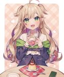  1girl ahoge blonde_hair commission drink facial_mark fangs food green_eyes hanasaki_ayame_(artist) highres holding holding_drink indie_virtual_youtuber long_hair menil_riche open_mouth pointy_ears pudding skeb_commission smile solo spoon swept_bangs two_side_up 