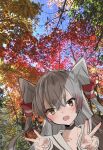  1girl amatsukaze_(kancolle) autumn_leaves black_choker blue_sky brown_dress brown_eyes chigasaki_yukari choker double_v dress foliage grey_hair hair_tubes highres kantai_collection long_hair looking_at_viewer open_mouth photo_background sailor_collar sailor_dress sky solo two_side_up upper_body v white_sailor_collar 