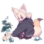  1girl animal_ears black_jacket blonde_hair blush brown_footwear creature_and_personification double_bun fennec_fox fox_ears fox_girl fox_tail full_body hair_between_eyes hair_bun highres hood hood_down hooded_jacket jacket large_ears long_sleeves medium_hair megateru open_clothes open_jacket original petting puffy_sleeves red_eyes school_uniform serafuku shirt simple_background sleeves_past_fingers sleeves_past_wrists squatting tail white_background white_shirt 